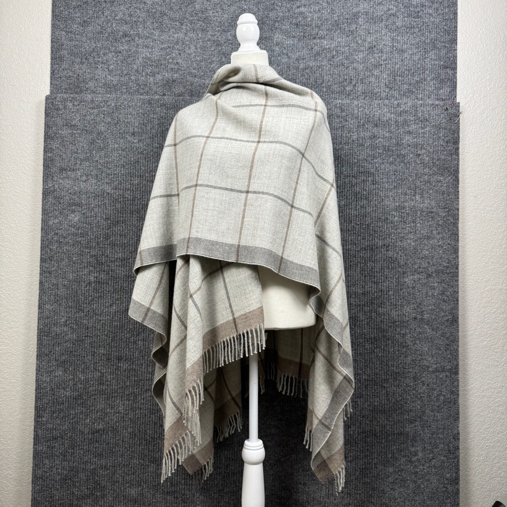 Eileen Fisher Baby Alpaca Poncho Womens OS Windowpane Plaid Fringe Wrap Cape